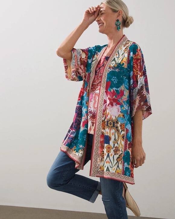 Chico's Other - Chico's Kimono Tapestry Floral Mid Tunic Top Floral S/M Boho Flowy Cardigan S/M